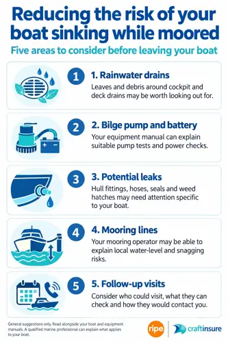 Infographic that shows 5 steps to ensure your boat doesn't sink when moored